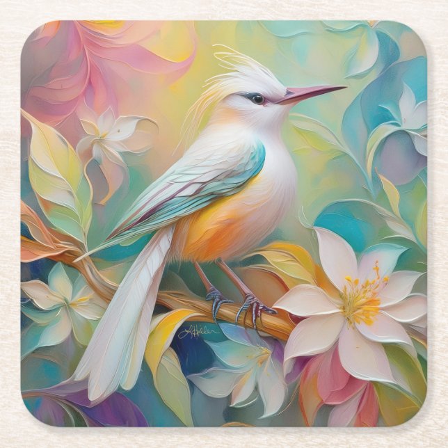 Tufted Golden Rumped Fantasy Bird Square Paper Coaster (Front)