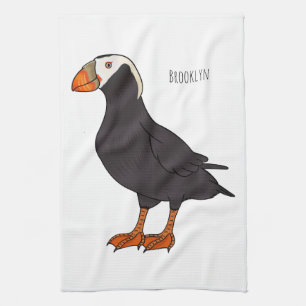 Tufted puffin bird cartoon illustration kitchen towel