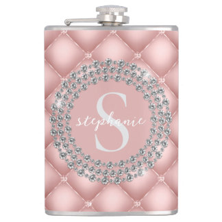 Tufted Sparkly Diamonds Blush Pink Monogram  Hip Flask