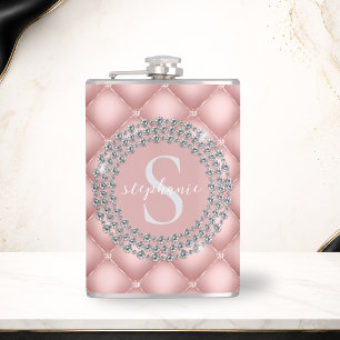 Tufted Sparkly Diamonds Blush Pink Monogram Hip Flask