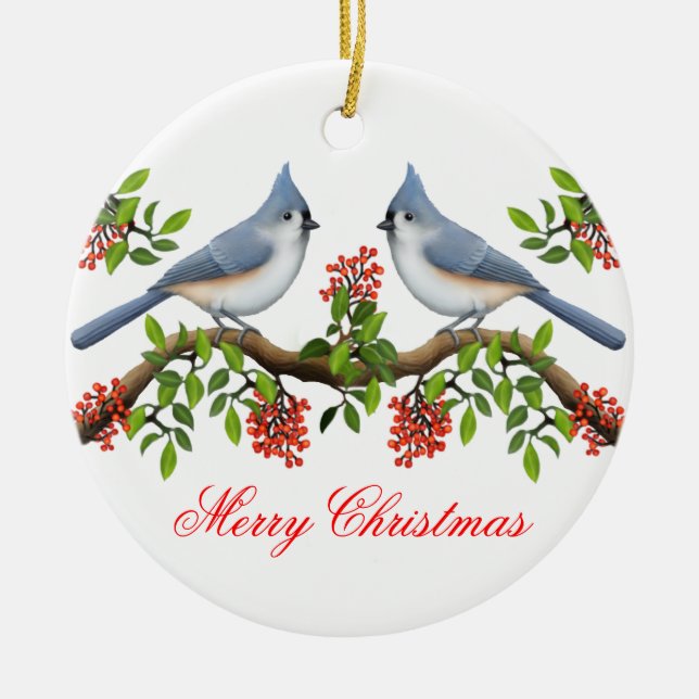 Tufted Titmouse Couple Holiday Ornament (Front)