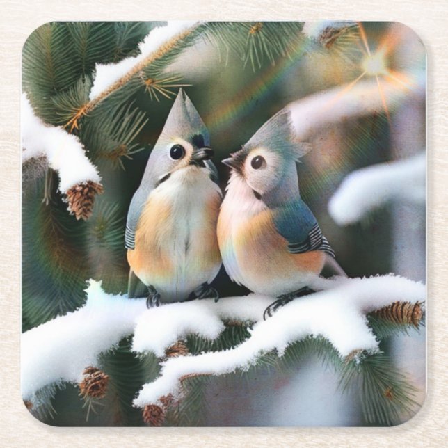 Tufted Titmouse Couple Square Paper Coaster (Front)