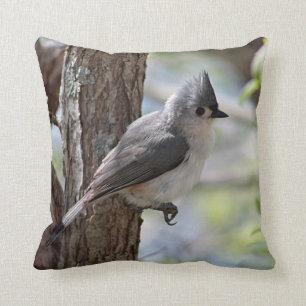 Tufted titmouse in spring throw pillow
