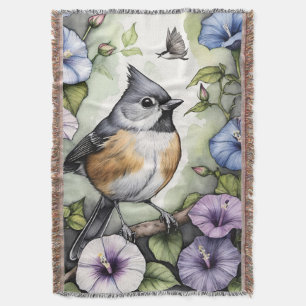 Tufted Titmouse Morning Glory Flower Vines titmice Throw Blanket
