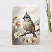 Tufted Titmouse Resting on Tree Limb Flowers Blank