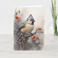 Tufted Titmouse Resting on Tree Red Flowers Blank