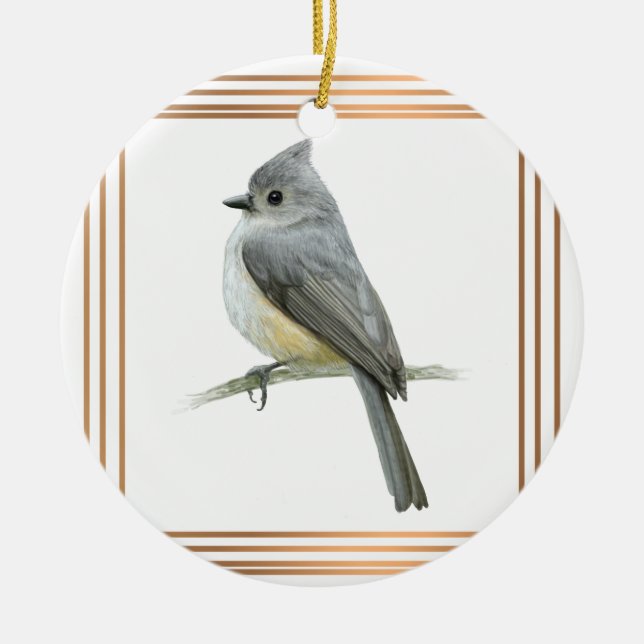 Tufted Titmouse Songbird within Gold Frame Ceramic Ornament (Front)