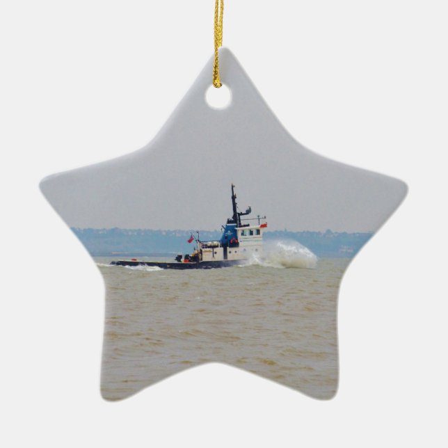 Tug Boat Battling Wind And Tide Ceramic Ornament (Front)