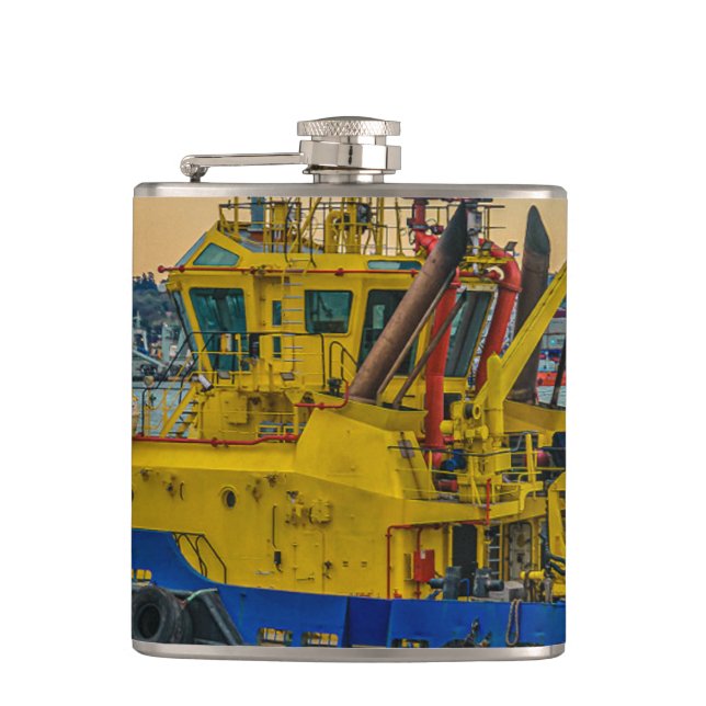 Tugboat sailing at river, montevideo, uruguay hip flask (Front)