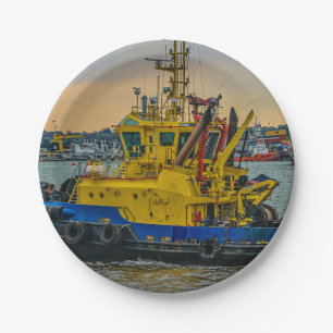 Tugboat sailing at river, montevideo, uruguay paper plate