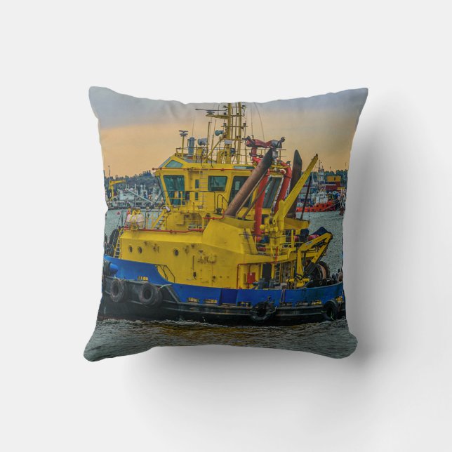 Tugboat sailing at river, montevideo, uruguay throw pillow (Back)