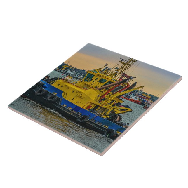 Tugboat sailing at river, montevideo, uruguay tile (Side)