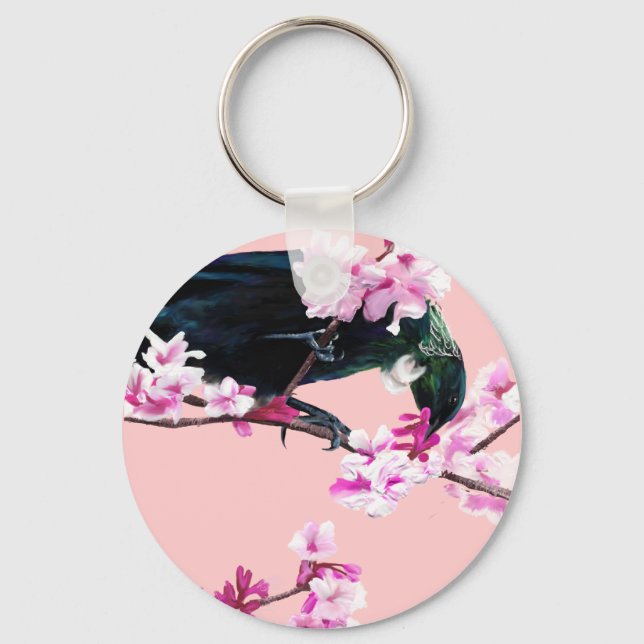 Tui Bird in the Cherry Blossoms Keychain (Front)