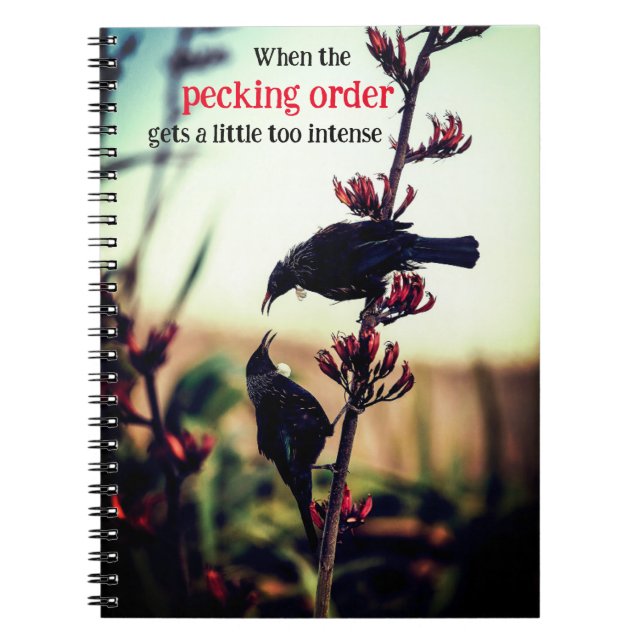 Tui birds fighting on flax notebook (Front)