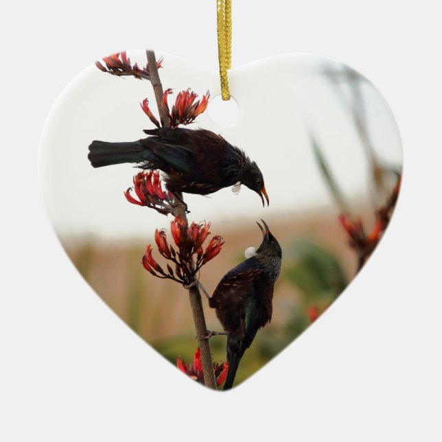 Tui birds on New Zealand flax bush Ceramic Ornament (Front)