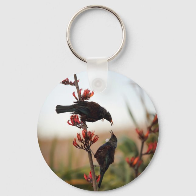 Tui birds on New Zealand flax bush Keychain (Front)