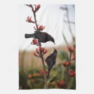 Tui birds on New Zealand flax bush Kitchen Towel