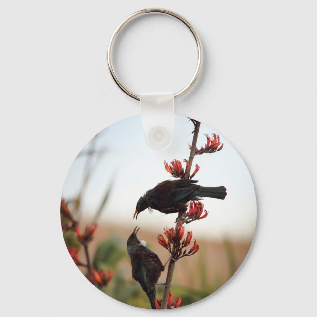 Tui birds on New Zealand flax Keychain (Front)