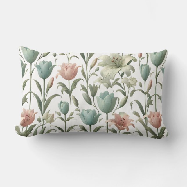 Tulip and Lily Soft Floral Pattern Lumbar Pillow (Front)