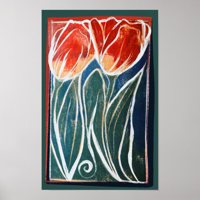 Tulip Artwork blue and red tulips spring           Poster (Front)
