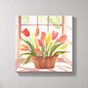 Tulip Basket   Floral Watercolor Window Painting Canvas Print