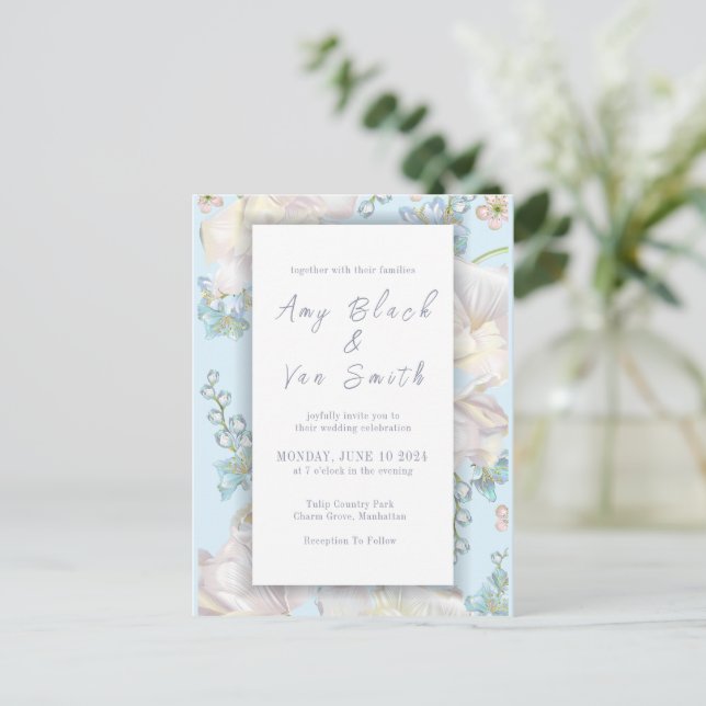Tulip Blue Floral Wedding Invitation Postcard (Standing Front)
