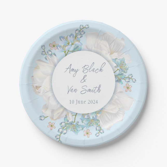 Tulip Blue Floral Wedding Paper Plate (Front)
