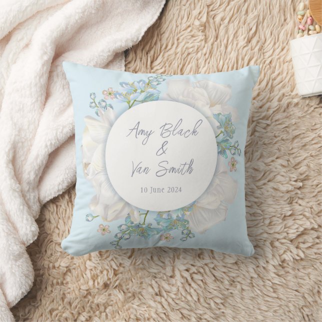 Tulip Blue Floral Wedding Throw Pillow (Blanket)