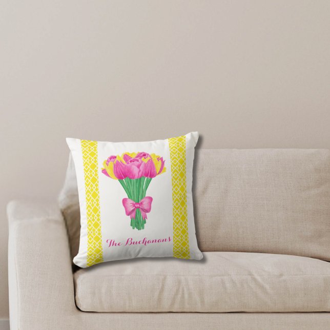 Tulip Bouquet with bow & stripe Custom name Throw Pillow (Tulip Bouquet with bow & geometric designed Throw Pillow)