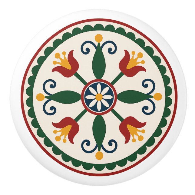 Tulip & Daisy Floral Pennsylvania Dutch Hex Sign K Ceramic Knob (Front)