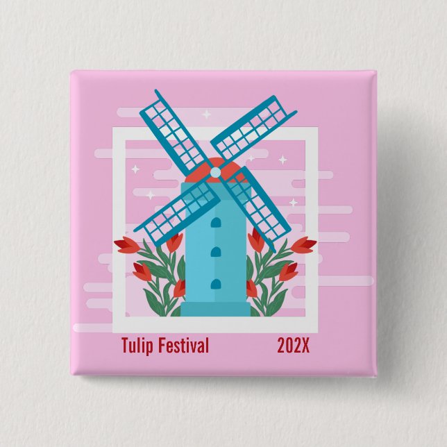 Tulip Festival, Blue Windmill, Red Tulips 2 Inch Square Button (Front)