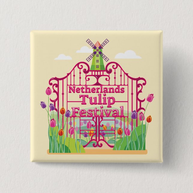 Tulip Festival, Windmill, gates 2 Inch Square Button (Front)