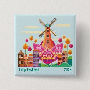 Tulip Festival, Windmill, Tulips 2 Inch Square Button