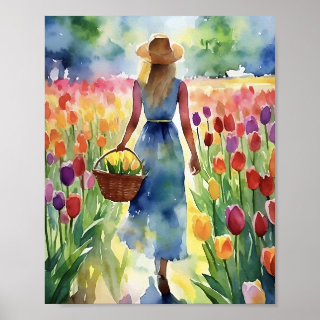 Tulip Field Colourful Watercolor Poster (Front)