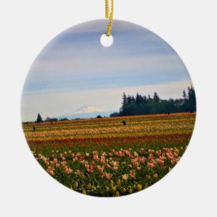 Tulip Field with Mt. Hood, Oregon Ceramic Ornament
