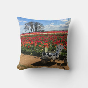 Tulip Field with Toy Cow, Oregon Throw Pillow