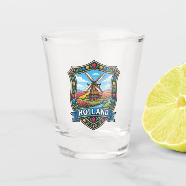 Tulip Fields and Windmill Netherlands Shot Glass (Front)