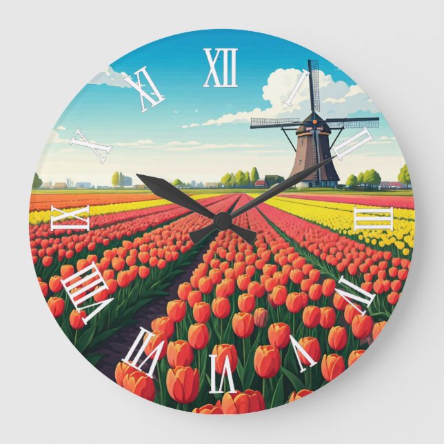 Tulip Fields Windmill Holland Netherlands Large Clock (Front)