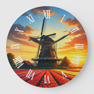 Tulip Fields Windmill Holland Sunset Large Clock