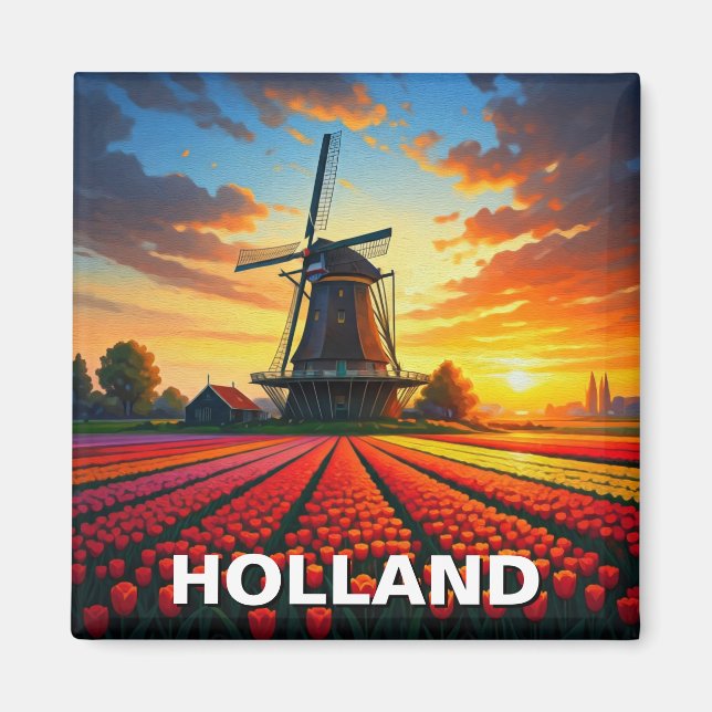 Tulip Fields Windmill Holland Sunset Magnet (Front)