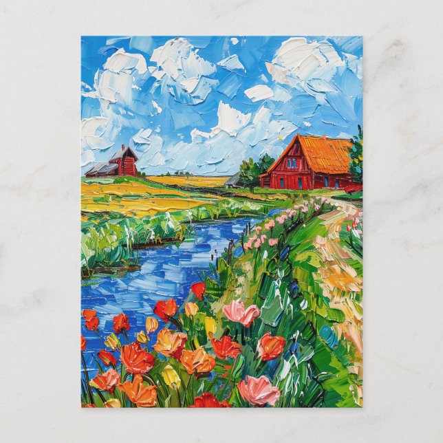 Tulip Fields with Barn and Stream Fantasy Painting Postcard (Front)