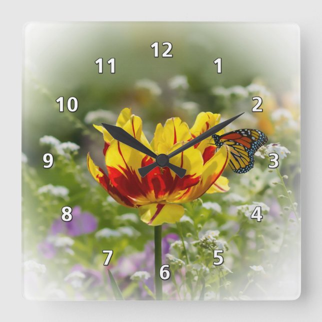 Tulip Flower and Monarch Butterfly Square Wall Clock (Front)