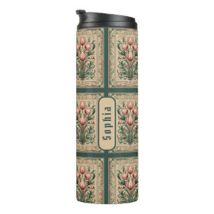 Tulip Flower Emerald Squares Medieval Thermal Tumbler