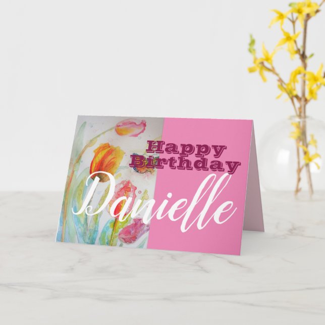 Tulip Flower Happy Birthday Womans Name Card (Yellow Flower)