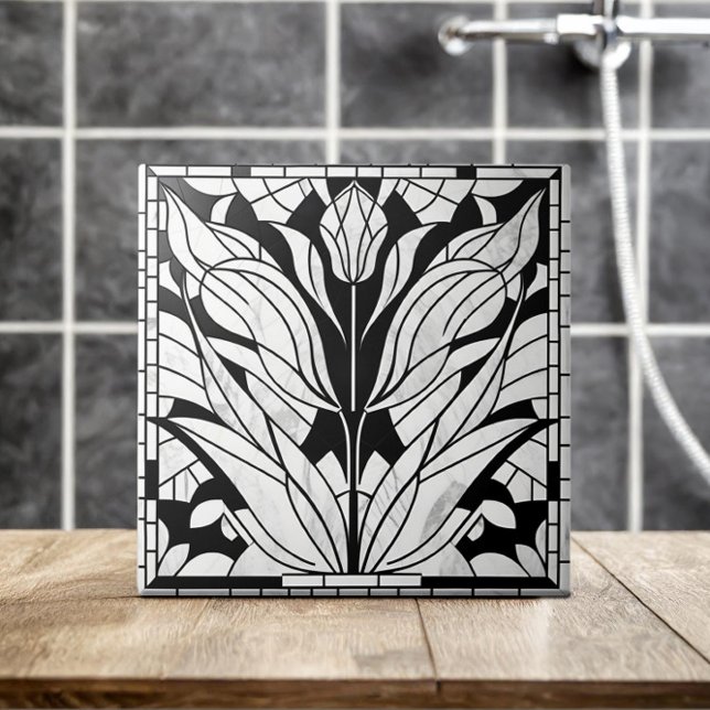 Tulip flower mosaic - Black and White Marble Tile (Creator Uploaded)