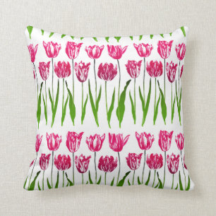 Tulip Garden Floral Print, Fuchsia Pink and Green Throw Pillow
