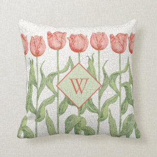 Tulip Garden Monogram Throw Pillow