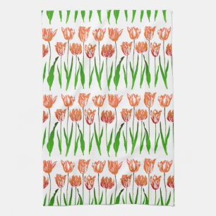 Tulip Garden Print in Coral Orange and Green  Kitchen Towel