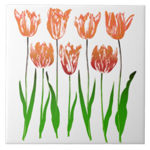 Tulip Garden Print in Coral Orange and Green Tile