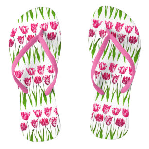 Tulip Garden Print in Fuchsia Pink and Green Flip Flops
